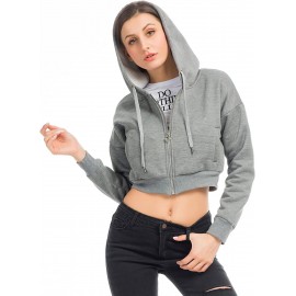 Women's Drawstring Zip Up Fleece Hoodie Coat Jacket Crop Top