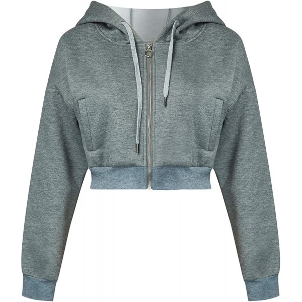 Women's Drawstring Zip Up Fleece Hoodie Coat Jacket Crop Top 