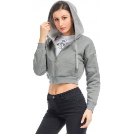 Women's Drawstring Zip Up Fleece Hoodie Coat Jacket Crop Top