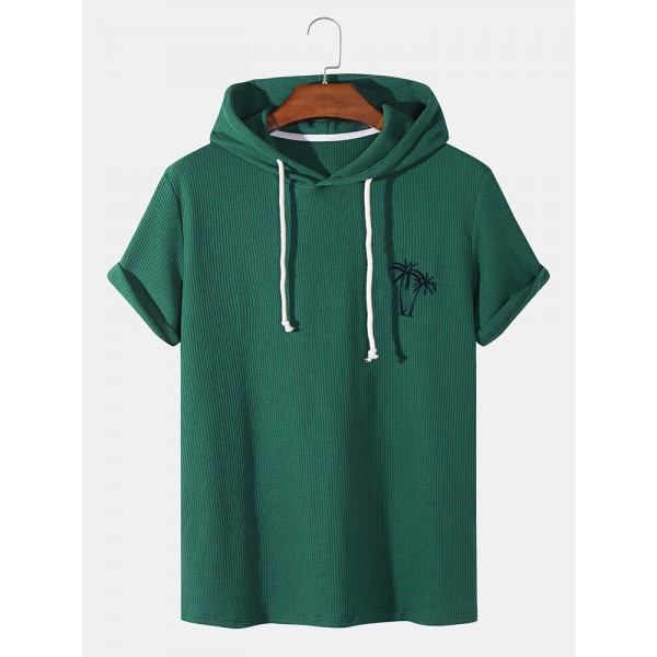 Mens Knitted Texture Coconut Tree Embroidery Hooded Drawstring T-Shirts 