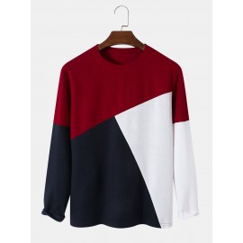 Mens Crew Neck Patchwork Color Block Long-Sleeve T-Shirt