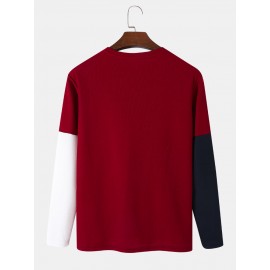 Mens Crew Neck Patchwork Color Block Long-Sleeve T-Shirt