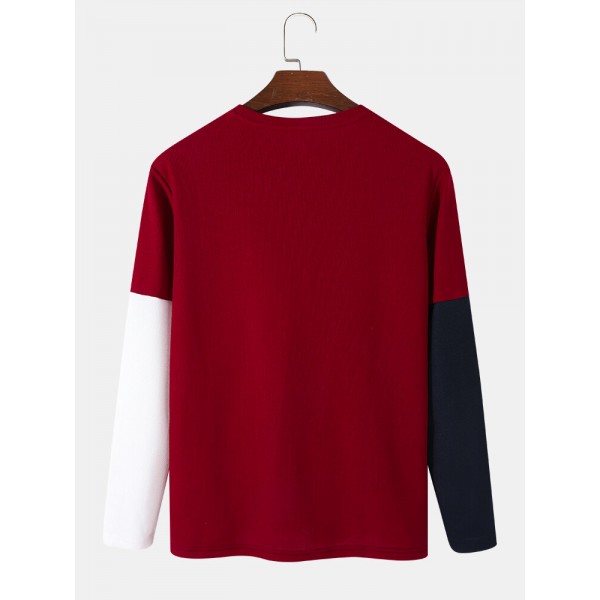 Mens Crew Neck Patchwork Color Block Long-Sleeve T-Shirt 