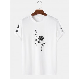 Men Japanese Characters & Rose Print Short Sleeve T-Shirts