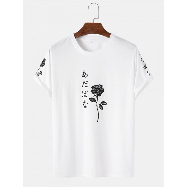 Men Japanese Characters & Rose Print Short Sleeve T-Shirts 