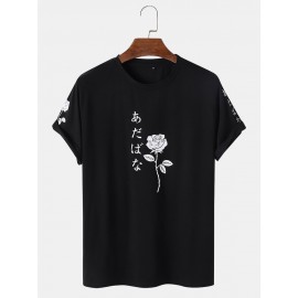 Men Japanese Characters & Rose Print Short Sleeve T-Shirts