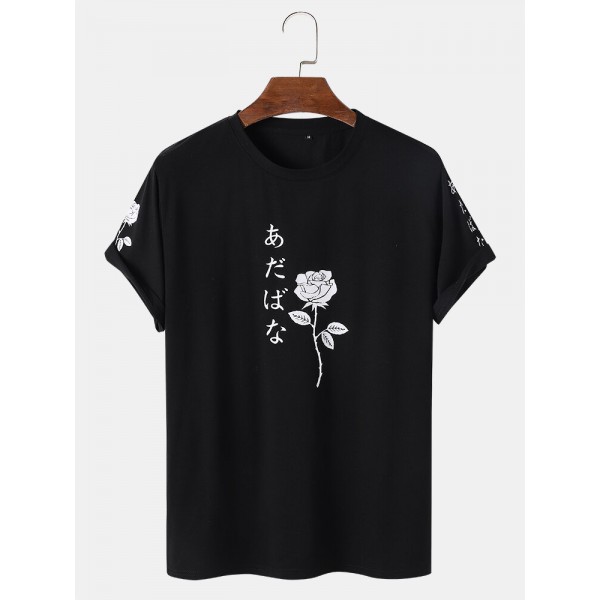 Men Japanese Characters & Rose Print Short Sleeve T-Shirts 