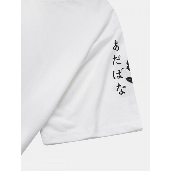 Men Japanese Characters & Rose Print Short Sleeve T-Shirts 