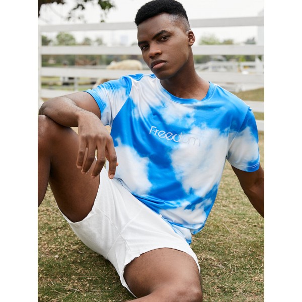 Mens Freedom Cloud Sky Print Short Sleeve Blue T-Shirts 