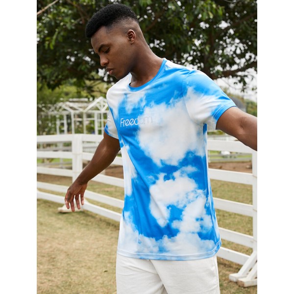 Mens Freedom Cloud Sky Print Short Sleeve Blue T-Shirts 