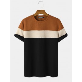 Mens Veins Patchwork Plain Color Crew Neck T-Shirts