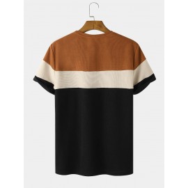 Mens Veins Patchwork Plain Color Crew Neck T-Shirts