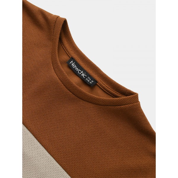 Mens Veins Patchwork Plain Color Crew Neck T-Shirts 