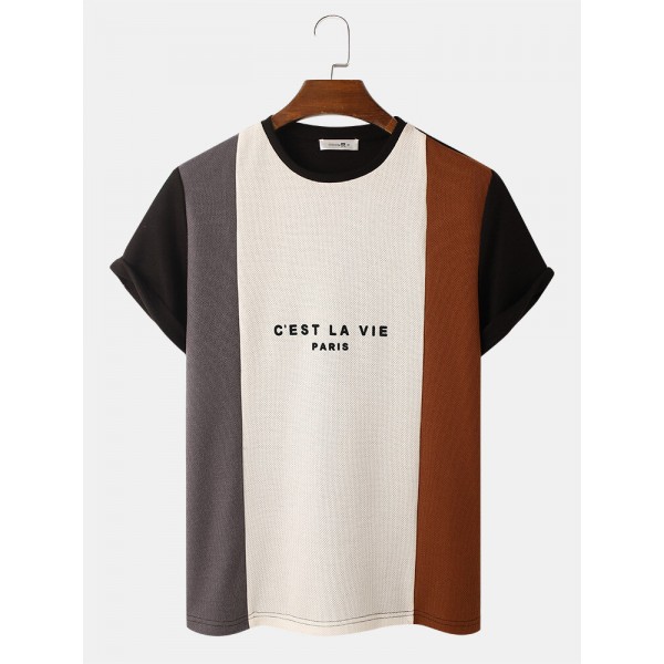 Mens Letter Print Knitted Veins Patchwork Crew Neck T-Shirts 