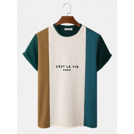 Mens Letter Print Knitted Veins Patchwork Crew Neck T-Shirts