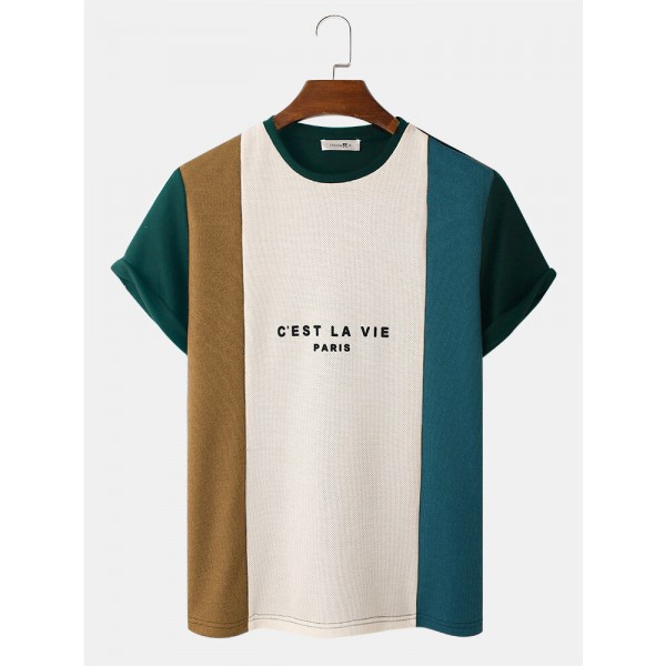 Mens Letter Print Knitted Veins Patchwork Crew Neck T-Shirts 