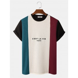 Mens Letter Print Knitted Veins Patchwork Crew Neck T-Shirts