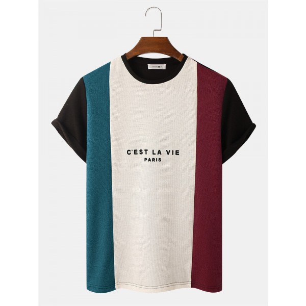 Mens Letter Print Knitted Veins Patchwork Crew Neck T-Shirts 