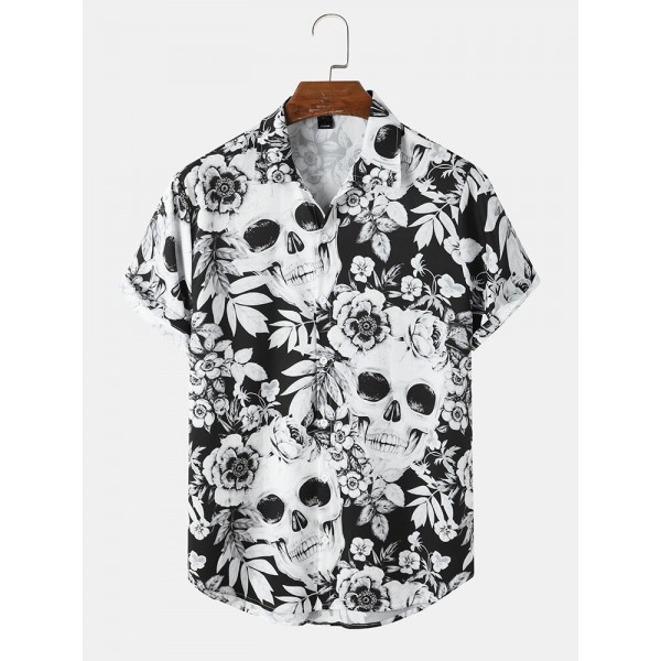 Mens Head Halloween Floral Short Sleeve Shirt 