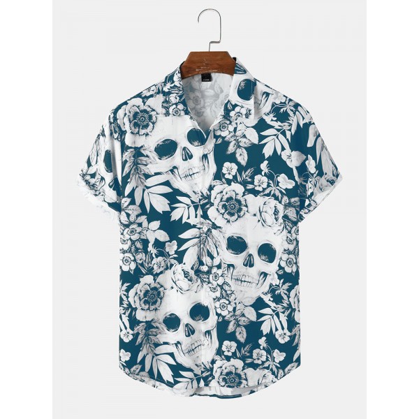 Mens Head Halloween Floral Short Sleeve Shirt 