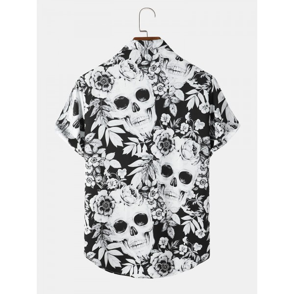 Mens Head Halloween Floral Short Sleeve Shirt 