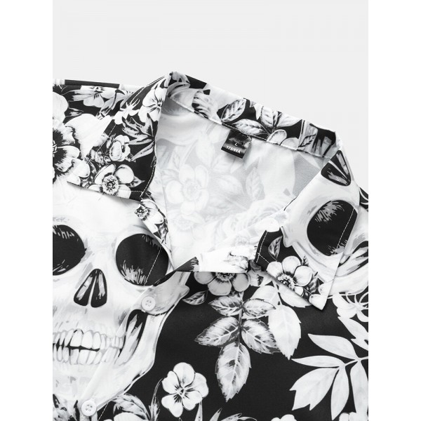 Mens Head Halloween Floral Short Sleeve Shirt 