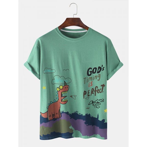 Mens Casual Dinasour Cartoon Letter Print Short Sleeve T-Shirts 