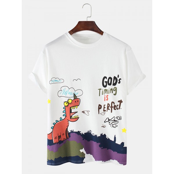 Mens Casual Dinasour Cartoon Letter Print Short Sleeve T-Shirts 