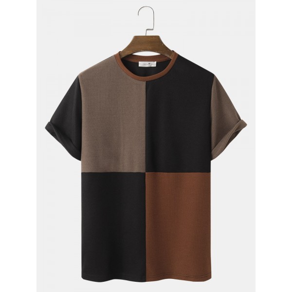 Mens Color Block Patchwork Crew Neck T-Shirts 