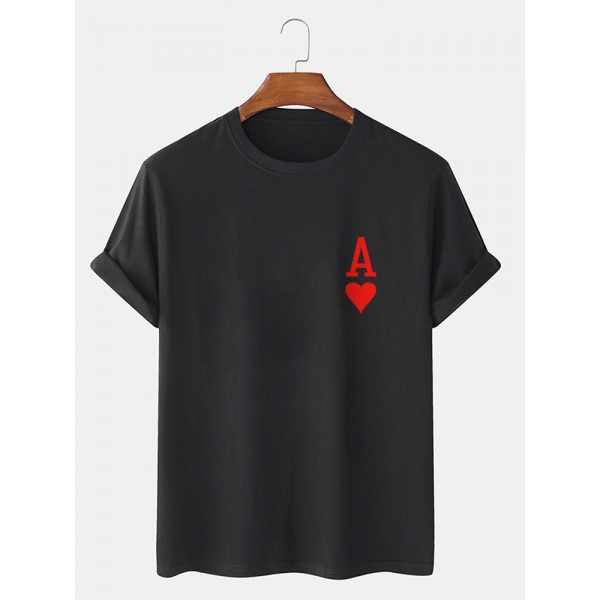 Mens Ace Of Hearts Poker Print 100% Cotton Short Sleeve T-Shirts 