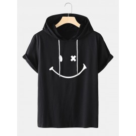 Mens Smile Pattern Short Sleeve Preppy Hooded T-Shirt