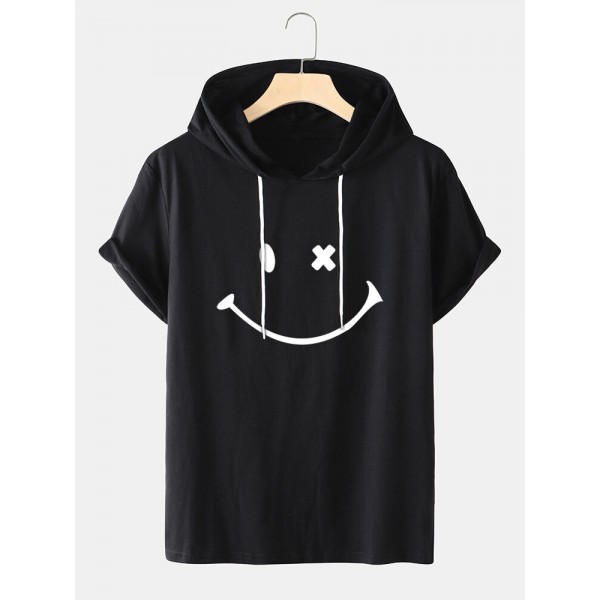 Mens Smile Pattern Short Sleeve Preppy Hooded T-Shirt 