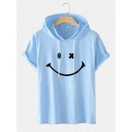 Mens Smile Pattern Short Sleeve Preppy Hooded T-Shirt