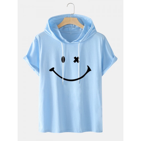 Mens Smile Pattern Short Sleeve Preppy Hooded T-Shirt 