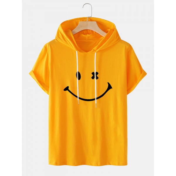 Mens Smile Pattern Short Sleeve Preppy Hooded T-Shirt 