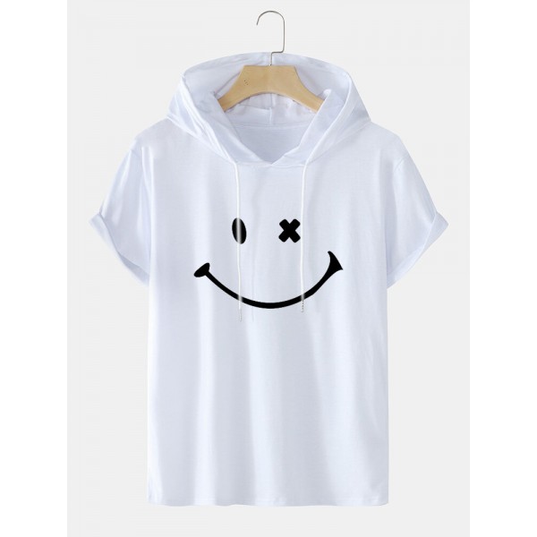 Mens Smile Pattern Short Sleeve Preppy Hooded T-Shirt 