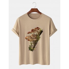 Mens 100% Cotton Mushroom Graphic Print Loose Casual T-Shirt