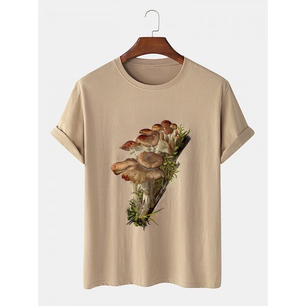 Mens 100% Cotton Mushroom Graphic Print Loose Casual T-Shirt 