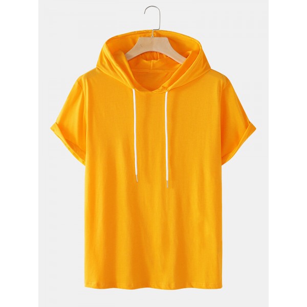 Mens Solid Color Basics Short Sleeve Drawstring Hooded T-Shirts 