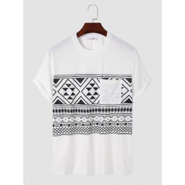 Men Tribal Print Chest Pocket Crew Neck Soft Short Sleeve Casual T-shirts