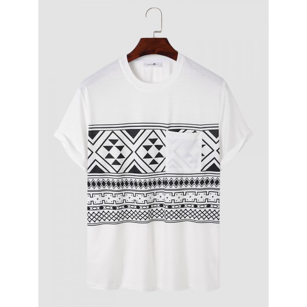 Men Tribal Print Chest Pocket Crew Neck Soft Short Sleeve Casual T-shirts 