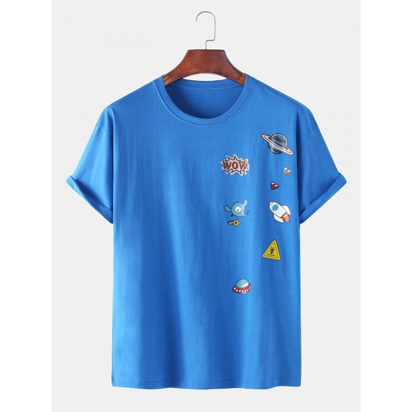 Cotton Funny Cartoon Rocket Print Loose Round Neck Short Sleeve T-Shirts 