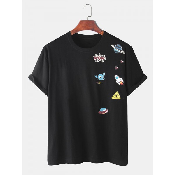 Cotton Funny Cartoon Rocket Print Loose Round Neck Short Sleeve T-Shirts 