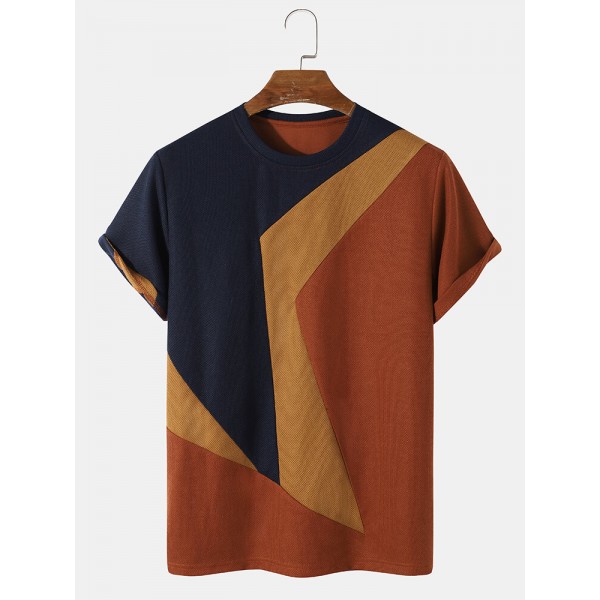 Mens Color Block Veins Crew Neck Casual T-Shirts 