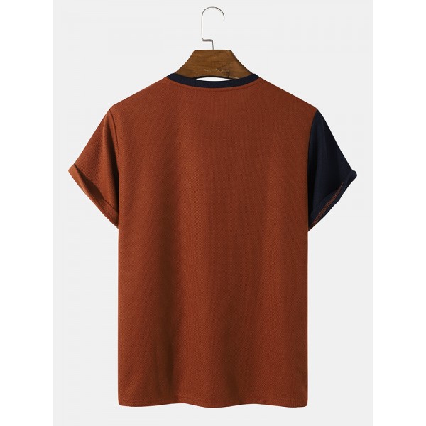 Mens Color Block Veins Crew Neck Casual T-Shirts 