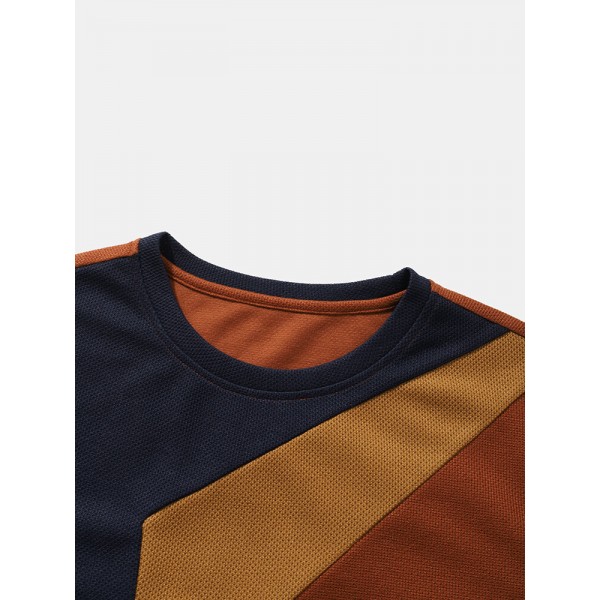 Mens Color Block Veins Crew Neck Casual T-Shirts 