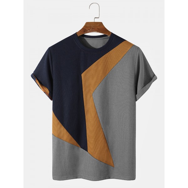 Mens Color Block Veins Crew Neck Casual T-Shirts 