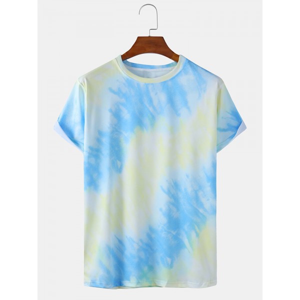 Mens Tie-Dye Print Light Casual Round Neck Short Sleeve T-Shirts 