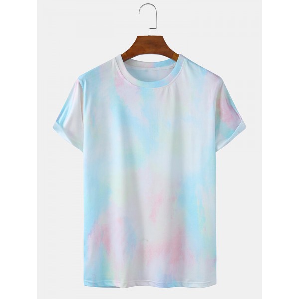 Mens Tie-Dye Print Light Casual Round Neck Short Sleeve T-Shirts 