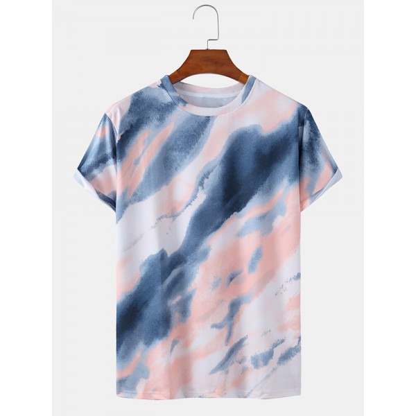 Mens Tie-Dye Print Light Casual Round Neck Short Sleeve T-Shirts 